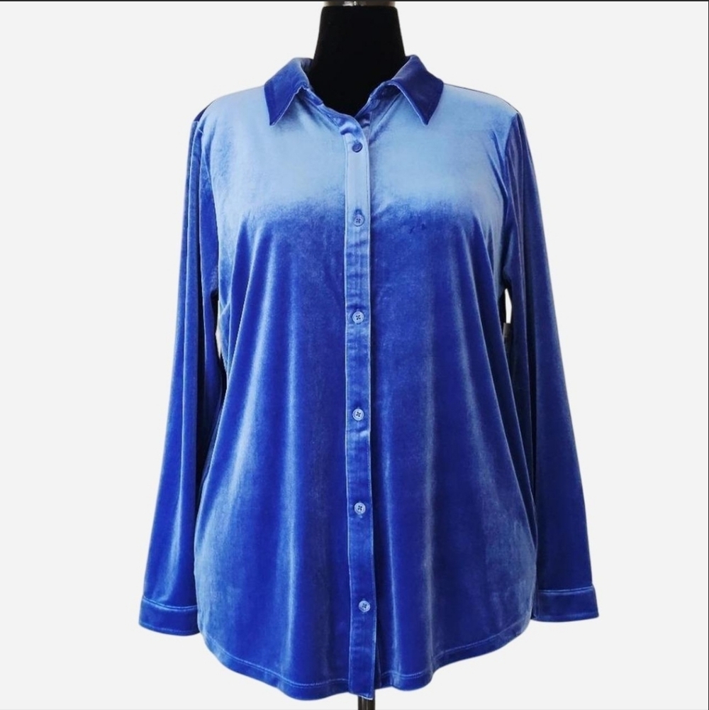 CHARTER CLUB Women's Size XL Blue Velour Long Sleeve Button Down Shirt
